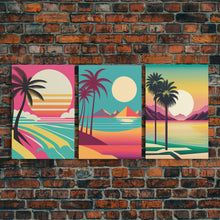 Load image into Gallery viewer, Beautiful Turquoise Retro Style Beach Art, Triptych 3 Panel Framed Canvas Prints, Palm Trees and Sunset, 80s Vibes Vaporwave Art Deco Mashup