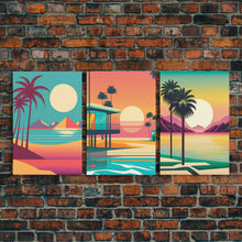 Load image into Gallery viewer, Beautiful Turquoise Retro Style Beach Art, Triptych 3 Panel Framed Canvas Prints, Palm Trees and Sunset, 80s Vibes Vaporwave Art Deco Mashup