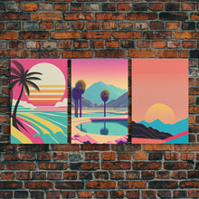 Load image into Gallery viewer, Beach Vibes - Midcentury / Art Deco / 80 Vibes Mash up - Framed Canvas Prints - Turquoise Sky and Palme Trees - 3 Panel Art, Triptych Prints