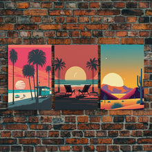 Load image into Gallery viewer, Beach Vibes - Midcentury / Art Deco / 80 Vibes Mash up - Framed Canvas Prints - Turquoise Sky and Palme Trees - 3 Panel Art, Triptych Prints