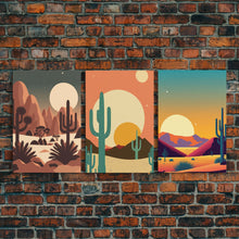 Load image into Gallery viewer, Arizona Desert Landscape, Framed Canvas Print Set, 3 Piece Wall Art, Brown Sepia Art, Mountains Wall Art, Office Wall Art
