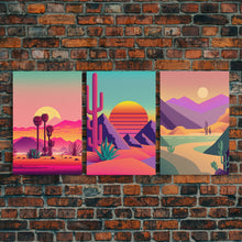 Carregar imagem no visualizador da galeria, 3 Piece Framed Canvas Wall Art, Synthwave / Vaporwave Sunset, Palme Trees and Cactus, Mid Century Modern Home Artwork Boho Decor for Bedroom