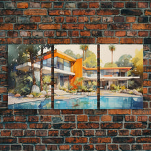 Load image into Gallery viewer, Architecture Print, Mid-century House Art,  Canvas Print, Wall Art, 3 Piece Wall Art, Real Estate Gift, Family Room Art, Entryway Prints