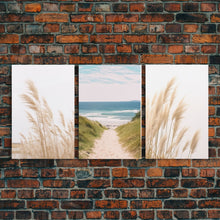 Load image into Gallery viewer, Beautiful Set of 3 Pampas Grass Beach Ocean Shore Photography Prints Minimalist Modern Art Neutral Coastal Room Decor Framed Canvas Wall Art