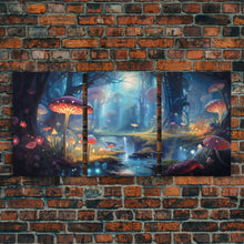 Load image into Gallery viewer, Magical dark forest art print on canvas, fantasy forest, oil style painting, large landscape wall art for home, ready to hang, 3 Piece Art