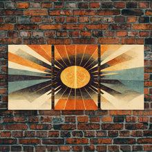 Carregar imagem no visualizador da galeria, Abstract Midcentury Modern Sunburst, Art Deco Style art, sun with rays, sun burst, boho style, 3 Piece Wall Art, Ready To Hang Canvas Print
