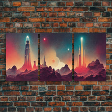 Load image into Gallery viewer, Art Deco Scifi Art, Science Fiction Space Ships, 3 Piece Wall Art, Ready To Hang Canvas Print, Cool Unique Mancave wall Art Decor