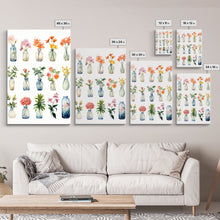Carregar imagem no visualizador da galeria, 3 Piece Set, Cute Kawaii Floral Print, Flowers In Vases, Framed Wall Art, Canvas Print, Botanical Wall Decor, Dried Flower Large Art
