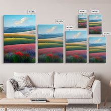 Cargar imagen en el visor de la galería, Colorful rolling hills, flower fields, landscape art, 3 piece wall art, 3 piece canvas, cool centerpiece living room wall art