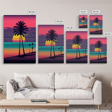 Load image into Gallery viewer, Beach Vibes, 3 Panel Wall Art, Framed Canvas Prints, Triptych Art, 3 Piece, 80s Vibes Vaporwave Wall Art, Life Guard Hut and Palm Trees