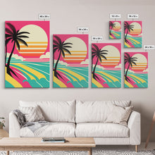 Load image into Gallery viewer, Beautiful Turquoise Retro Style Beach Art, Triptych 3 Panel Framed Canvas Prints, Palm Trees and Sunset, 80s Vibes Vaporwave Art Deco Mashup