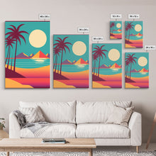 Load image into Gallery viewer, Beautiful Turquoise Retro Style Beach Art, Triptych 3 Panel Framed Canvas Prints, Palm Trees and Sunset, 80s Vibes Vaporwave Art Deco Mashup