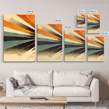 Carregar imagem no visualizador da galeria, Abstract Midcentury Modern Sunburst, Art Deco Style art, sun with rays, sun burst, boho style, 3 Piece Wall Art, Ready To Hang Canvas Print