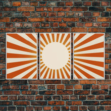 Load image into Gallery viewer, Boho Horizontal Sun Print, 3 Piece Art, Triptych Wall Art, Framed Canvas Prints, Yellow Sun Poster, Sunrise Wall Art, Boho Nursery Prints