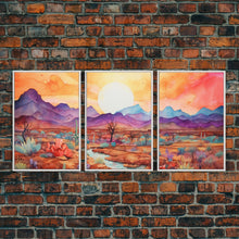 Load image into Gallery viewer, Black Framed 3 Piece Wall Art, Southwestern Desert Scene at Sunset, Minimalist Wall Art, MCM Style Midcentury Wall Decor, Above Sofa Art