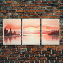 Load image into Gallery viewer, Beautiful Red Lake Sunset 3 Piece Framed Canvas Print Set, Above Sofa Art, Living Room Decor, Beautiful Wall Art, Watercolor Painting