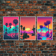 Carregar imagem no visualizador da galeria, California Desert Art, Retro / Vaporwave / Synthwave 80s Vibes 3 Piece Canvas Prints, Game Room Art, Living Room / Bed Room Retro Decor
