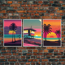 Load image into Gallery viewer, Beach Vibes, 3 Panel Wall Art, Framed Canvas Prints, Triptych Art, 3 Piece, 80s Vibes Vaporwave Wall Art, Life Guard Hut and Palm Trees