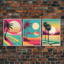 Load image into Gallery viewer, Beautiful Turquoise Retro Style Beach Art, Triptych 3 Panel Framed Canvas Prints, Palm Trees and Sunset, 80s Vibes Vaporwave Art Deco Mashup