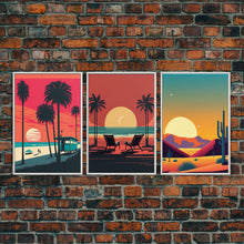 Load image into Gallery viewer, Beach Vibes - Midcentury / Art Deco / 80 Vibes Mash up - Framed Canvas Prints - Turquoise Sky and Palme Trees - 3 Panel Art, Triptych Prints