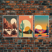 Load image into Gallery viewer, Arizona Desert Landscape, Framed Canvas Print Set, 3 Piece Wall Art, Brown Sepia Art, Mountains Wall Art, Office Wall Art