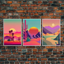Carregar imagem no visualizador da galeria, 3 Piece Framed Canvas Wall Art, Synthwave / Vaporwave Sunset, Palme Trees and Cactus, Mid Century Modern Home Artwork Boho Decor for Bedroom