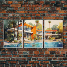 Load image into Gallery viewer, Architecture Print, Mid-century House Art,  Canvas Print, Wall Art, 3 Piece Wall Art, Real Estate Gift, Family Room Art, Entryway Prints