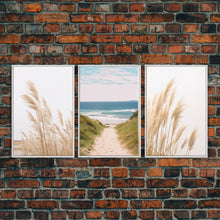 Load image into Gallery viewer, Beautiful Set of 3 Pampas Grass Beach Ocean Shore Photography Prints Minimalist Modern Art Neutral Coastal Room Decor Framed Canvas Wall Art