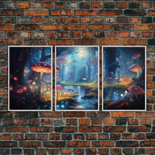 Load image into Gallery viewer, Magical dark forest art print on canvas, fantasy forest, oil style painting, large landscape wall art for home, ready to hang, 3 Piece Art