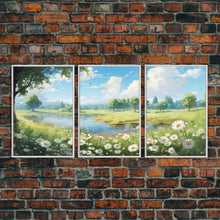 Load image into Gallery viewer, Beautiful Spring Meadow Landscape Painting 3 Piece Set, Spring Centerpiece Art, Original Oil Painting Wall Art, Minimalist Whimsical Decor