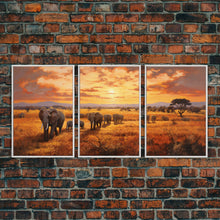 Load image into Gallery viewer, Elephant Print, Animal Wall Art, Sunset Print, Canvas Print, Wall Art, 3 Piece Wall Art, Nature Print, Retirement Gifts, Modern Office Art