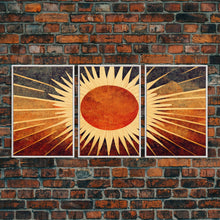 Carregar imagem no visualizador da galeria, Abstract Midcentury Modern Sunburst, Art Deco Style art, sun with rays, sun burst, boho style, 3 Piece Wall Art, Ready To Hang Canvas Print