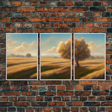 Carregar imagem no visualizador da galeria, A lone tree in a Texas field, Canvas print, Texan art, Prairies, fields and grass, 3 Piece Wall Art, Ready To Hang Canvas Print
