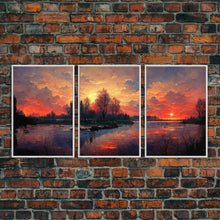 Carregar imagem no visualizador da galeria, Forest Sunset Wall Decor, Oil Painting Style, 3 Piece Wall Art, Ready To Hang Canvas Print, Cool Unique Living Room Wall Art Decor