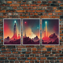 Load image into Gallery viewer, Art Deco Scifi Art, Science Fiction Space Ships, 3 Piece Wall Art, Ready To Hang Canvas Print, Cool Unique Mancave wall Art Decor