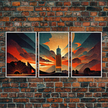 Load image into Gallery viewer, Art Deco Brutalist Architecture, Dystopian, 3 Piece Wall Art, Ready To Hang Canvas Print, Beautiful Living Room Wall Art Decor