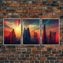 Load image into Gallery viewer, Cyberpunk City At Sunset, Futuristic, 3 Piece Wall Art, Ready To Hang Canvas Print, Cool Living Room Wall Art Decor