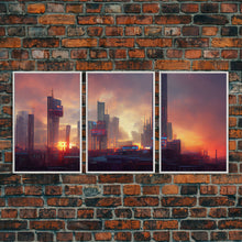 Load image into Gallery viewer, Cyberpunk City, Night City Watercolor, Videogame Concept Art, Watercolor Of a Cyberpunk City 3 Piece Wall Art, Ready To Hang Canvas Print
