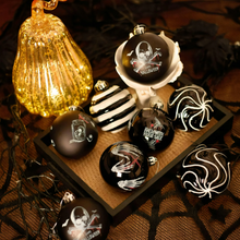 Load image into Gallery viewer, Black Gothic 16-Piece Baubles with Skulls, Skeleton Hands, Horror Prints & Striped Designs