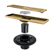 Cargar imagen en el visor de la galería, 12-Inch Brushed Gold Rectangular Floor Drain - Square Hole Pattern Cover Grate - Removable - Includes Accessories