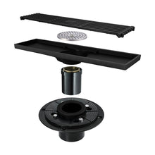 Cargar imagen en el visor de la galería, 12-Inch Matte Black Rectangular Floor Drain - Square Hole Pattern Cover Grate - Removable - Includes Accessories