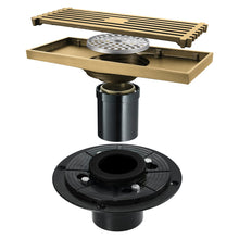 Cargar imagen en el visor de la galería, 8 x3 Inch or 4 x 4 inch Shower Linear Brushed Gold Drain Rectangular Floor Drain with Accessories Square Hole Pattern Cover Grate Removable Brushed Gold Brass