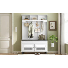 Carregar imagem no visualizador da galeria, 5-in-1 Entryway Bench with Shutter-shaped doors, Coat Rack, Cushion and 4 Sturdy Hooks, 47.2" Wide Hall Tree with Storage Bench for Hallway, Entryway, Living Room