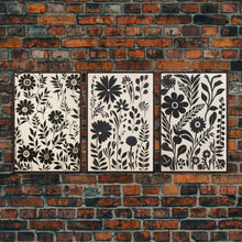Load image into Gallery viewer, Black and White Floral Print, 3 Piece Framed Canvas Art, Boho Rustic Farmhouse Decor, Living Room Art, Minimalist Wall Art