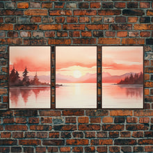 Load image into Gallery viewer, Beautiful Red Lake Sunset 3 Piece Framed Canvas Print Set, Above Sofa Art, Living Room Decor, Beautiful Wall Art, Watercolor Painting