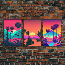 Carregar imagem no visualizador da galeria, California Desert Art, Retro / Vaporwave / Synthwave 80s Vibes 3 Piece Canvas Prints, Game Room Art, Living Room / Bed Room Retro Decor