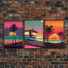Load image into Gallery viewer, Beach Vibes, 3 Panel Wall Art, Framed Canvas Prints, Triptych Art, 3 Piece, 80s Vibes Vaporwave Wall Art, Life Guard Hut and Palm Trees