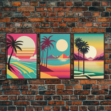 Load image into Gallery viewer, Beautiful Turquoise Retro Style Beach Art, Triptych 3 Panel Framed Canvas Prints, Palm Trees and Sunset, 80s Vibes Vaporwave Art Deco Mashup