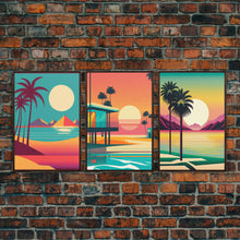 Load image into Gallery viewer, Beautiful Turquoise Retro Style Beach Art, Triptych 3 Panel Framed Canvas Prints, Palm Trees and Sunset, 80s Vibes Vaporwave Art Deco Mashup