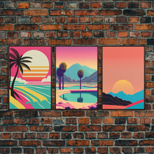 Load image into Gallery viewer, Beach Vibes - Midcentury / Art Deco / 80 Vibes Mash up - Framed Canvas Prints - Turquoise Sky and Palme Trees - 3 Panel Art, Triptych Prints